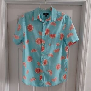 Aqua Button-Down Shirt with Pink Citrus Print, M